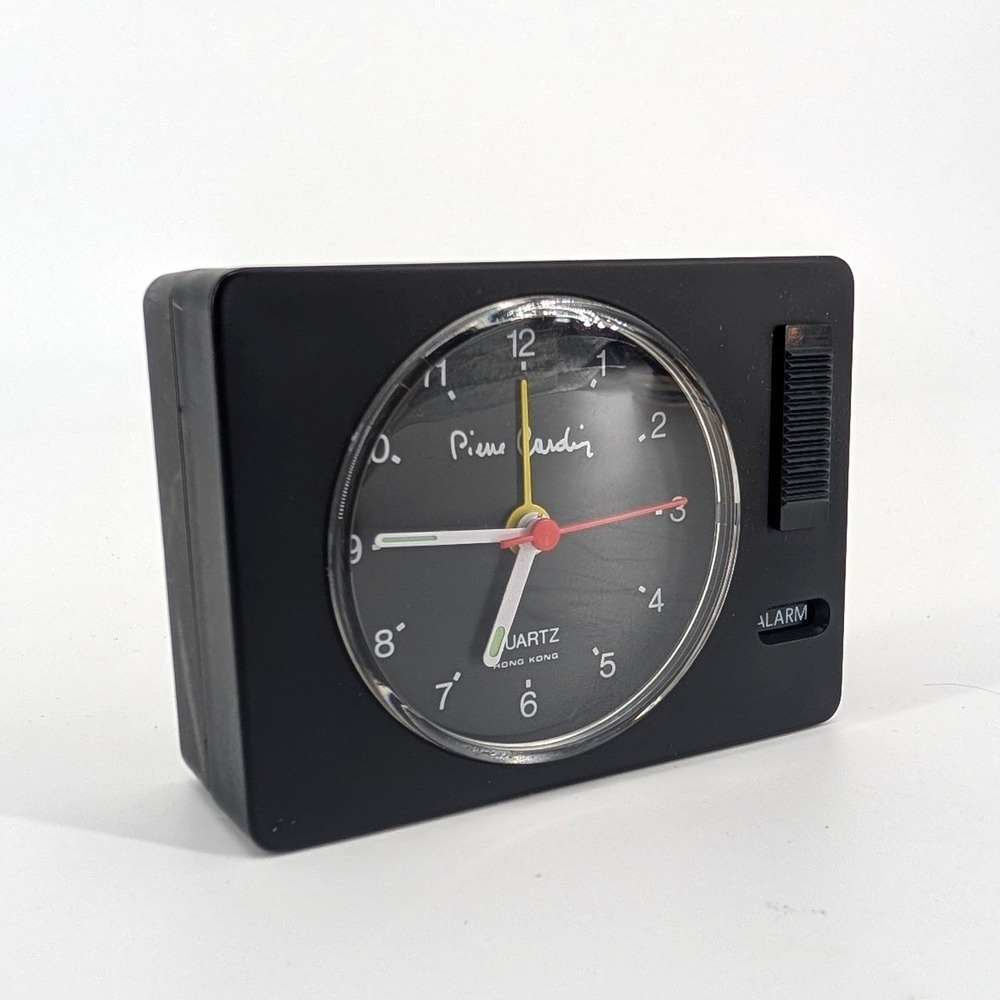 1970s Pierre Cardin Alarm Clock Black‎ Quartz Analog Vintage Minimalist 3.25"